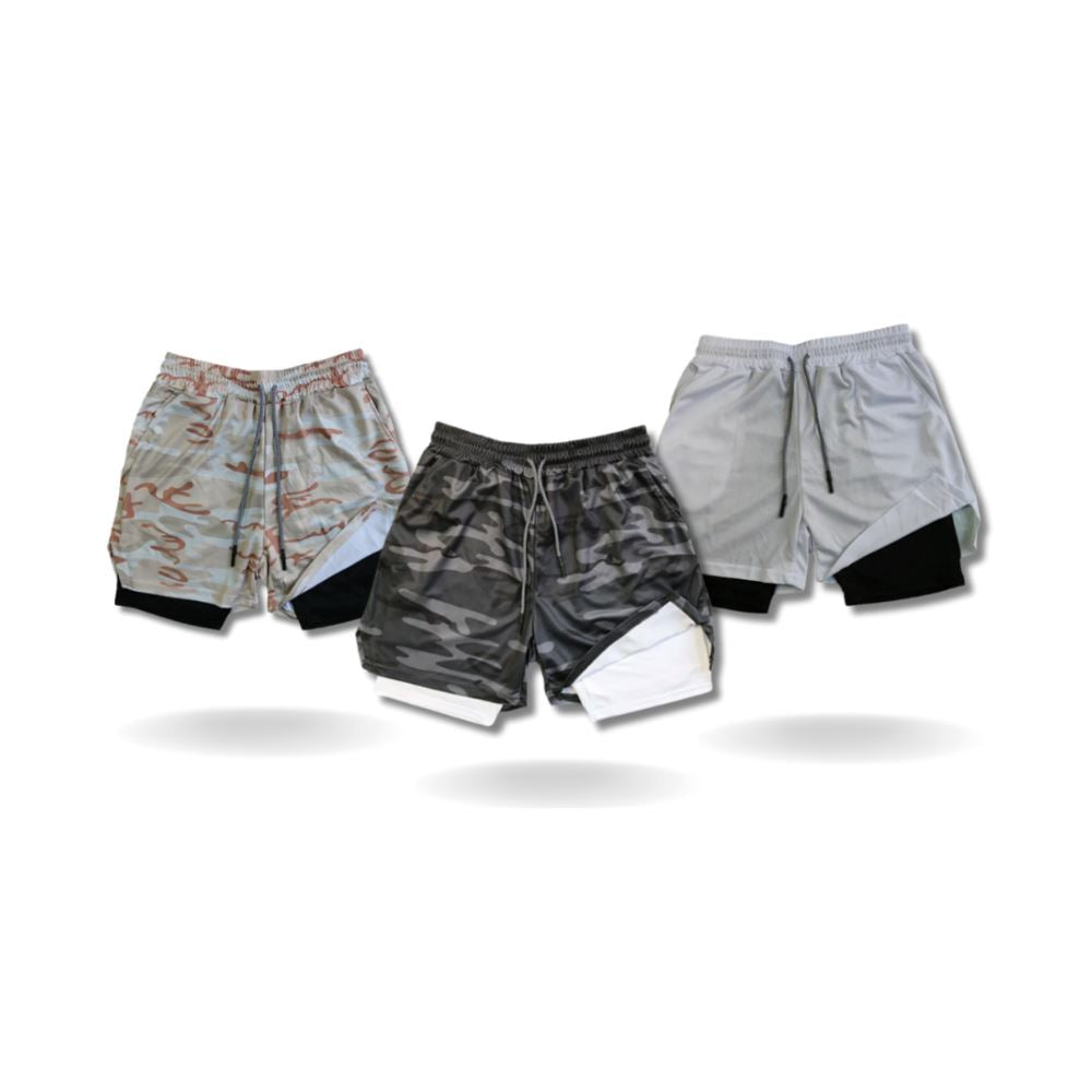 Kit Shorts Masculino 2 em 1 de Compressão Dry Fit - Compre 2 leve 3 Kit Shorts Masculino 2 em 1 de Compressão Dry Fit - Compre 2 leve 3 Comand Deserto Militar + Preto Militar + Cinza P 