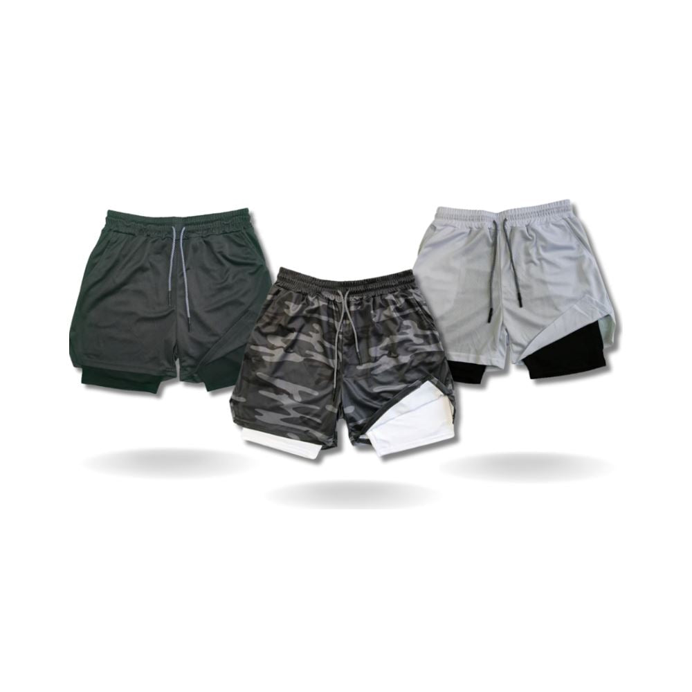 Kit Shorts Masculino 2 em 1 de Compressão Dry Fit - Compre 2 leve 3 Kit Shorts Masculino 2 em 1 de Compressão Dry Fit - Compre 2 leve 3 Comand Preto + Preto Militar + Cinza P 